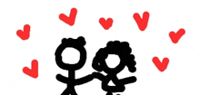 a drawing of two stick figures kissing with hearts around them .