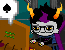 a cartoon character with horns and glasses with a spade in the background