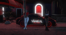 two women are standing in front of a car that says vanilla unicorn