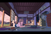a pixel art drawing of a girl laying on the floor with a cat