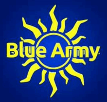 a blue and yellow logo for blue army with a sun in the middle .