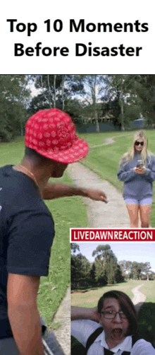 a man wearing a red hat is standing next to a woman on a path ..