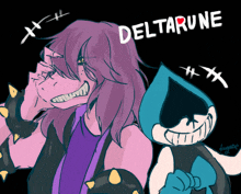 a drawing of a girl with purple hair and a cartoon character with the word deltarune on the bottom