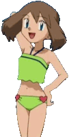 a cartoon girl in a green bikini is standing with her hand on her hip and smiling .