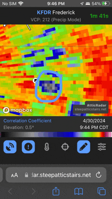 a phone screen shows a map of kfdr frederick with a correlation coefficient of 0.5 degrees