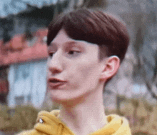 a young man wearing a yellow hoodie is looking at the camera .