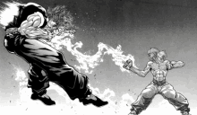 a black and white drawing of two men fighting with smoke coming out of their mouths