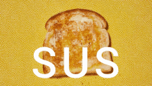 a slice of toast has the word sus written on it