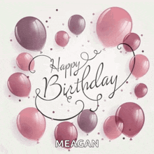 a birthday card with pink balloons and the name megan