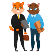 a cartoon illustration of a man and a fox shaking hands