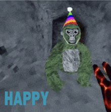 a green gorilla wearing a party hat is sitting in a cave