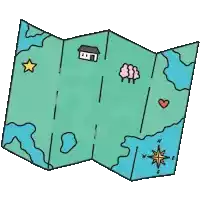 a cartoon drawing of a folded map with a house , trees , and a heart on it .