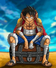 monkey d luffy from one piece is sitting on top of a treasure chest .