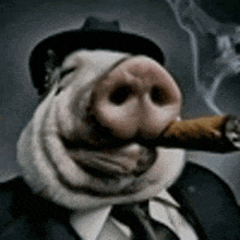 a pig is smoking a cigar in a suit and hat .