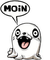 a cartoon seal with its tongue out and a speech bubble that says moin