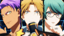 three anime characters with different colored hair and glasses are standing next to each other