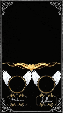 a black background with two circles with white wings and the words hakim and doha