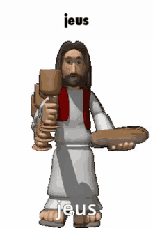 a cartoon of jesus holding a stack of bread and wine glasses