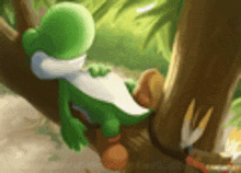 a green yoshi is sitting on a tree branch in the jungle .