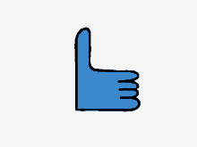 a blue hand giving a thumbs up sign on a white background