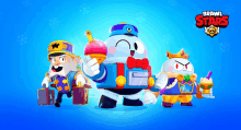 a group of brawl stars characters standing next to each other on a blue background