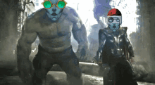 a hulk and a robot are standing next to each other with sunglasses on