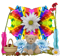 a teddy bear sits in front of a colorful heart with flowers and butterflies