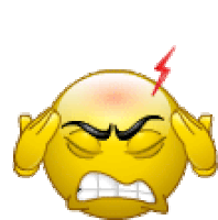 a yellow smiley face has a headache and lightning bolts are coming out of it 's head