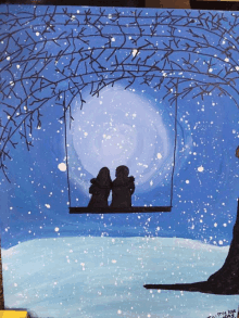 a painting of a man and woman sitting on a swing in the snow