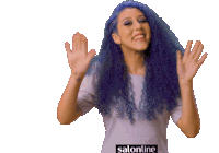 a woman with blue hair is wearing a shirt that says salonline on it