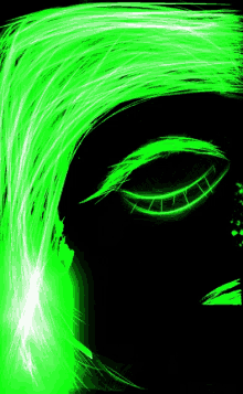 a close up of a person 's eye with green feathers coming out of it