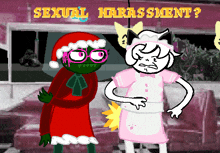 two cartoon characters standing next to each other with the words sexual harassment written above them