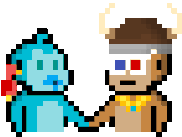 a pixel art drawing of a ghost and a viking holding hands