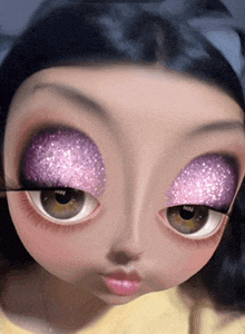 a close up of a doll with purple eye shadow