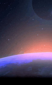 a sunset over a blue planet with a purple sky