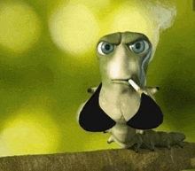 a cartoon caterpillar is smoking a cigarette while wearing a bikini .