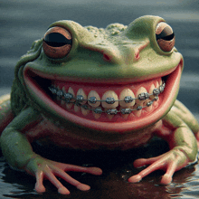 a frog with braces on its teeth smiles in the water