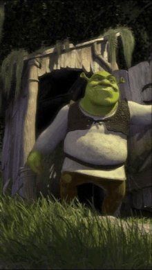 shrek from the movie shrek is standing in front of a wooden building