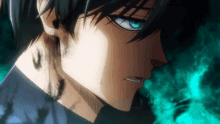 a close up of a anime character with blue eyes