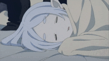 a drawing of a girl with white hair sleeping on a bed