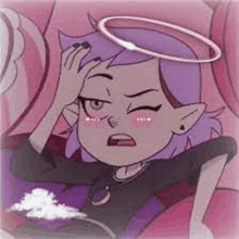 a cartoon girl with purple hair and a halo on her head is laying on a bed .