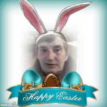 a man wearing bunny ears is surrounded by easter eggs and a happy easter banner