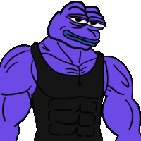 a cartoon of a purple frog with muscles and a black tank top