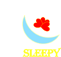 a logo that says sleepy with a blue crescent moon and a red flower