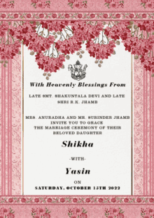 a wedding invitation with pink flowers on it