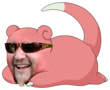 a cartoon drawing of a man wearing sunglasses and a pink bear