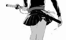 a black and white drawing of a girl in a skirt holding a samurai sword .