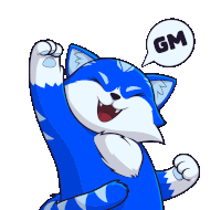 a blue cartoon cat with a speech bubble that says gm