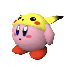 kirby is wearing a yellow hat with a pikachu 's tail on it .