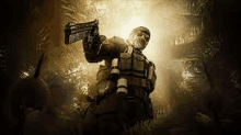 a soldier is holding a gun in a jungle in a video game .